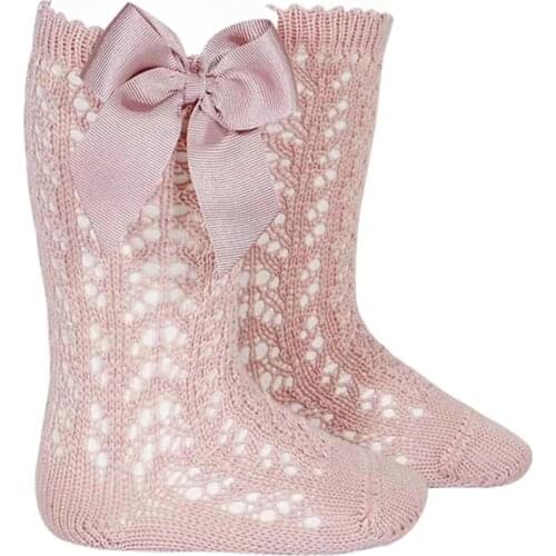 2020 New Baby Girl Solid Color Knee High Socks Breathable Crotchet Hollow Out Tube Stockings with Cute Bow for Infants Toddlers