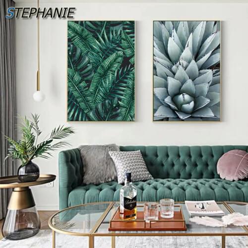 Abstract Green Leaf Canvas Art Triplet Wall Art Pictures for Living Room Cactus Decoracion Nordic Green Plant Poster and Print