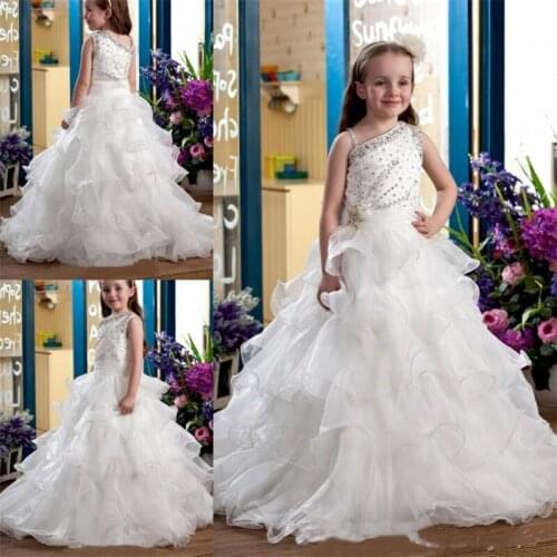 One Shoulder Crystal Ruffles Flower Girls Princess Ball Gowns Crystal Beading Girls Birthday Party Celebrity Dress Gown Custom