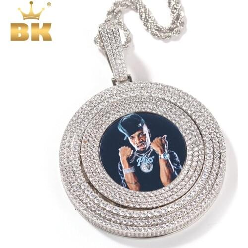 THE BLIKG KING Spinning Photo Pendant Necklace Full Iced Out Cubic Zirconia Custom Memory Chain Engraved Name Hiphop Jewelry