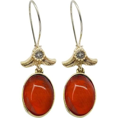 Red Amber Squeezing Cubic Zirconia Silver Women 'S Authentic Earrings Midyat Silver
