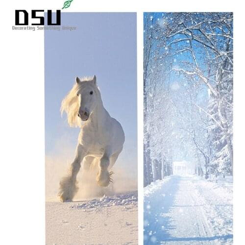 DIY 3D Door Stickers Snow Scenery White Horse Pattern Wallpapers PVC Waterproof Doors Poster for Bedroom Home Decor 200*77cm