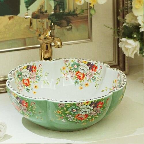 Europe style flower shape chinese washbasin sink Jingdezhen Art Counter Top ceramic bathroom sink face wash basin