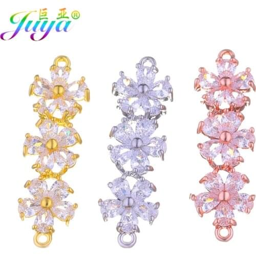 Juya DIY Craft Jewelry Findings Handmade Cubic Zirconia Flower Charm Connector Accessories For Womens Needlework Jewelry Making