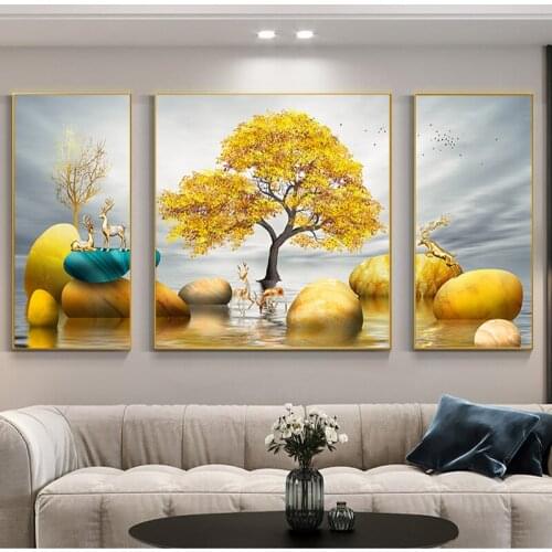 Nordic Style Landscape Picture Golden FortuneTree Elk Canvas Painting Wall Art Modern Poster and Prints in livingroom Decor Home