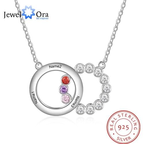 JewelOra 925 Sterling Silver Personalized Name Interlocking Circle Necklace Custom 3 Birthstones Zirconia Necklaces & Pendants