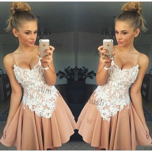 Summer Champgne Lace Homecoming Dresses Sexy Spaghetti Straps Mini Short Night Party Evening Dress Cheap Women Prom Party Gowns