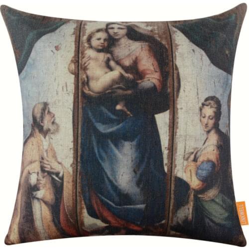 LINKWELL Pillow Case Burlap Cushion Cover 45x45cm Retro Italian artist Raphael Sanzio The Sistine Madonna Religious Painting