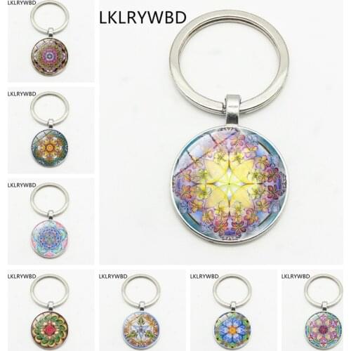 LKLRYWBD / Vintage Art Creative Mandala Flower Fashion Keychain Keyring Jewelry Pendant Convex Glass Keychain