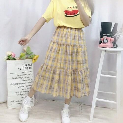 Sweet Womens Plaid Skirt Mid-Calf Long Skirt Empire Waist Cute Girl Vintage Style Skirt JK Style Hot Color Yellow Blue Plaid