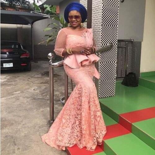 Nigerian Mermaid Evening Dresses With 3/4 Long Sleeves Peplum Sequins Plus Size Lace Prom Dress African Women Party Gowns