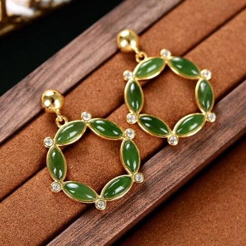 Original S925 Sterling Silver Natural Hetian Jade Green Jade Creative Personalized All-Match Temperament Lady Ornament Female
