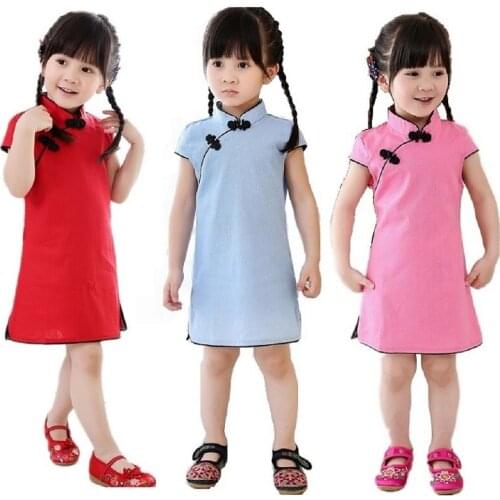 2020 Chinese Style Baby Girls Cheongsam Dress Kids Traditional Qipao Candy Solid Children Cheongsam Cotton&Linen Girl Clothes