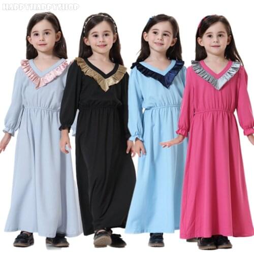 Children Girls Elastic Waist Maxi Dress Muslim Islamic Long Sleeve Abaya Kaftan Arab Kids Robe Gown Ramadan Prayer Clothes