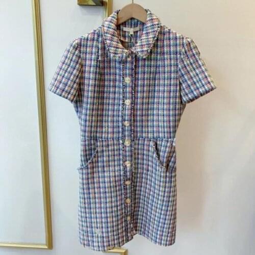 Women French elegant party dress new tweed woven casual lapel short sleeve dress a-line