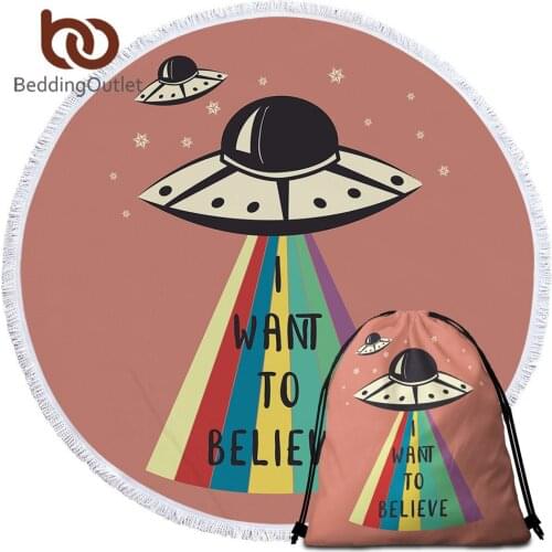 BeddingOutlet Spaceship Round Beach Towel With Tassels for Kids Rainbow Microfiber Large Bath Towel Cartoon Colorful Beach Mat