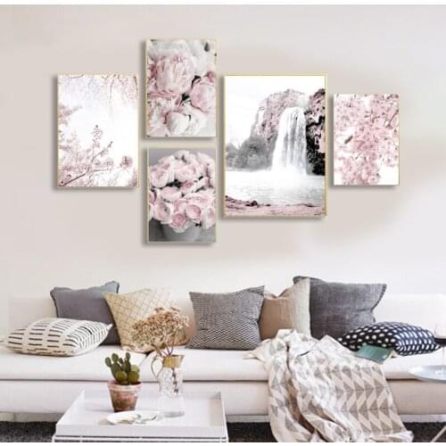 Simple Decorative Art Painting Cherry Blossom Peony Rose Mountain Nordic Poster Wall Art living Room Decorative Wall Painting