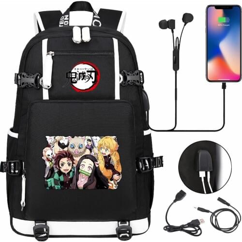 Anime Kimetsu No Yaiba Demon Slayer USB Boy Girl Book School Bags Large Capacity Teenagers Student Schoolbags Women Men Backpack