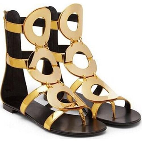 Summer Plated Gold Circle Embellished Stiletto Heel Sandals Gladiator Peep Toe Flat Cutout Sandals Girls Beach Vacation Shoes