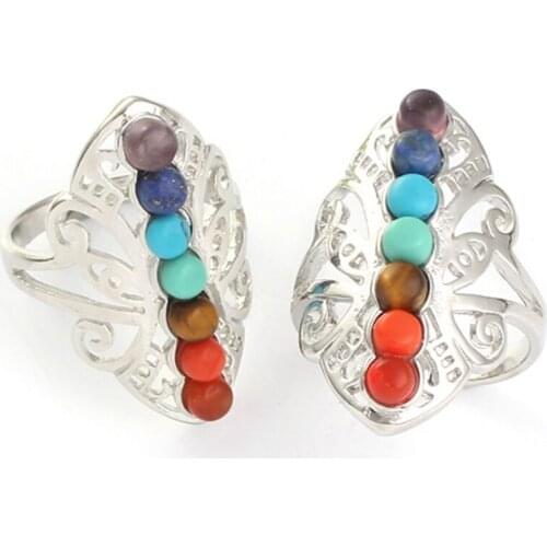 Trendy-beads Silver Plated 7 Stone Beads Hollow Butterfly Chakra Healing Resizable Ring Fashion Jewelry