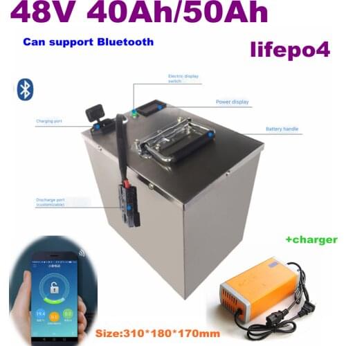 Waterproof 48V 50Ah Lifepo4 48v 40AH battery Bluetooth BMS APP for 3000w Scooter bike tricycle boat backup power +5A charger