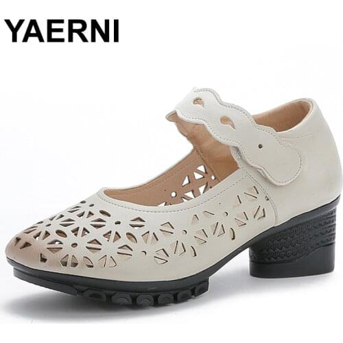 YAERNI Summer Leather Comfortable Ladies Mid Heel Sandals Women Shoes Hollow Round Toe Square Heels Sandals Woman