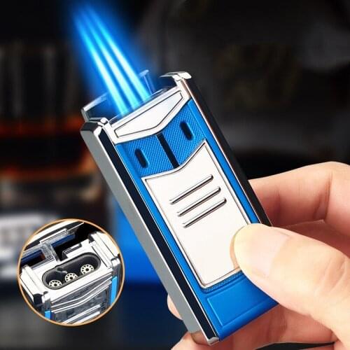 Cigar Lighters Creativity Three Fires High Pressure Jet Blue Flame Lighter Metal Windproof Turbo Lighter Butane Gas Lighters