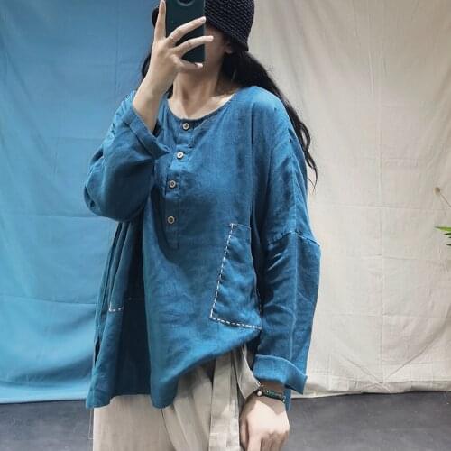 Women Autumn Solid Color Embroidered Linen Blouse Ladies Vintage Flax Shirt Tops Female 2020 Spring Embroidery Blouses Tops