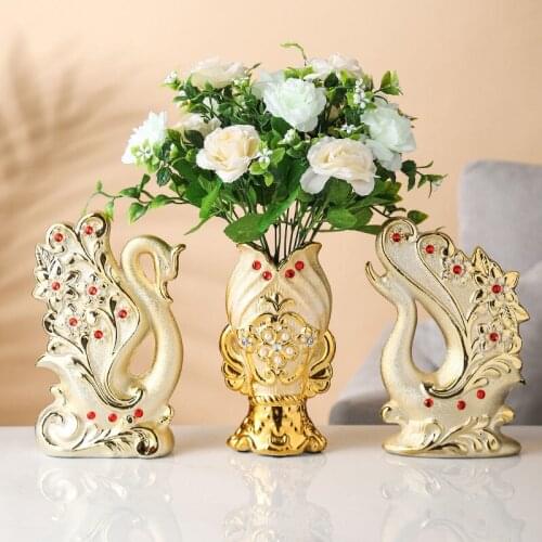 2021 New Ceramic Gold-plated Swan Vase Modern Diamond Jewelry Flower Arrangement European Style Vase Home Decoration