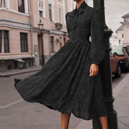 2021 Women Fashionable Chiffon Wave Point Printed Long Sleeve Scarf Neck Midi Dress Party Dresses Casual Elegant Dresses