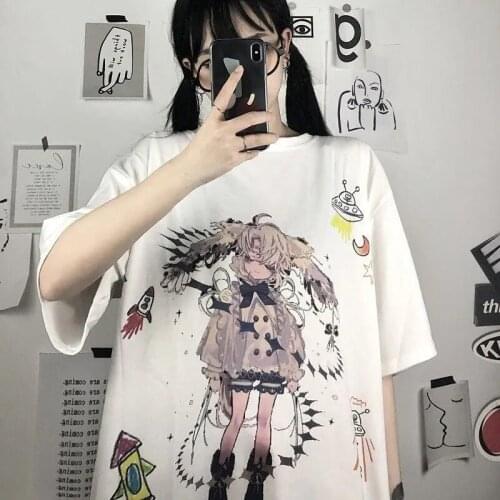 2021 Summer Clothes Cartoon Anime Short Sleeved T-shirts Female Ulzzang Loose Harajuku Kawaii Style Oversized T-Shirt Women Tops