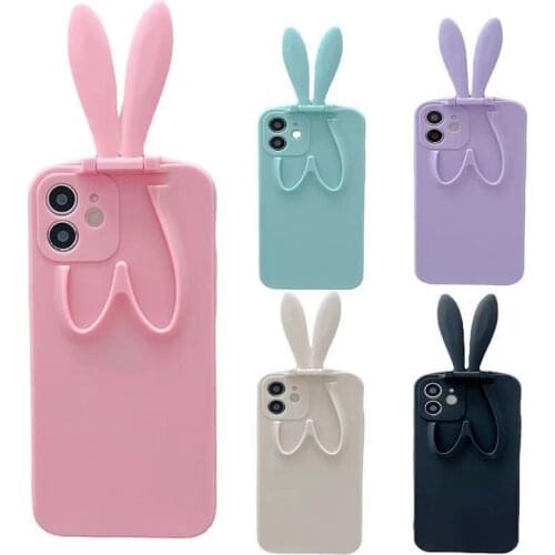 3D Rabbit Ears Foldable Stand Phone Case For iphone 12 11 Pro Max 7 8 plus X XR XS Max Candy Color Jelly Soft TPU Cover for Girl