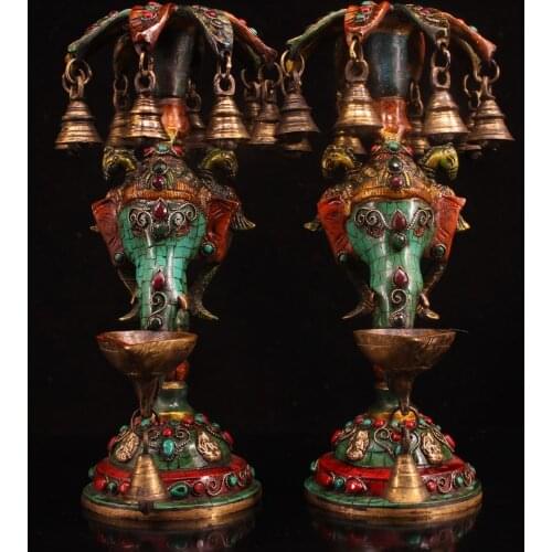 5"Tibet temple Old Bronze outline in gold Painted mosaic Gem Elephant Trunk God of Wealth Statue Oil lamp A pair Bells Ornaments