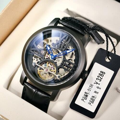 AILANG New 30M Waterproof Mens Hollow Mechanical Business Luminous Automatic Double Sided WatchStrap Leather Strap 6811LM