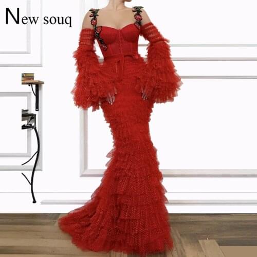 Arabic Dubai Embroidery Evening Dress 2019 Tulle Tiered Muslim Formal Prom Dresses Abendkleider Custom Made Party Gowns Aibye