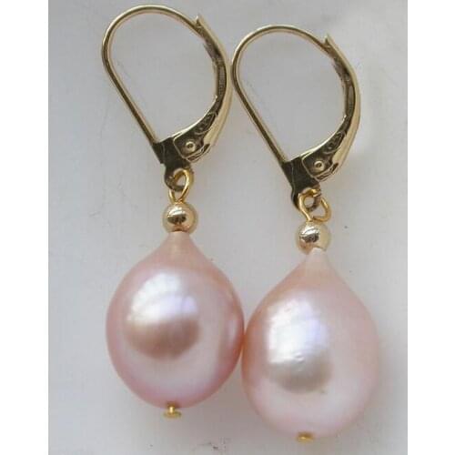 Free shipping Wholesale price beautiful 14/20 Yellow Gold Natural AAA 10-12mm South Sea Pink Purple Dangle Pearl Earrings