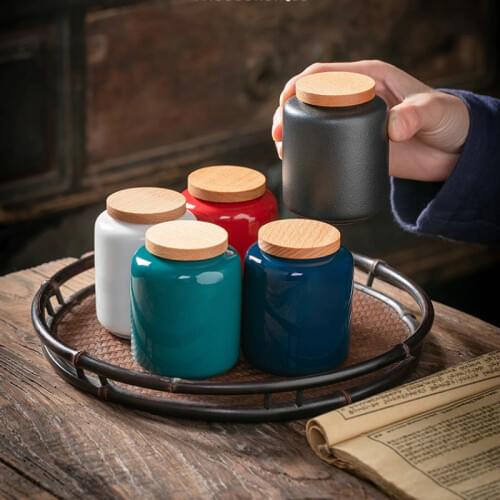 Travel Ceramic Tea Jar Small Wooden Lid Seaf Tea Container Tin Dried Fruit Tea Can Smell Proof Box Thee Blikjes Tea Caddy AC50TE