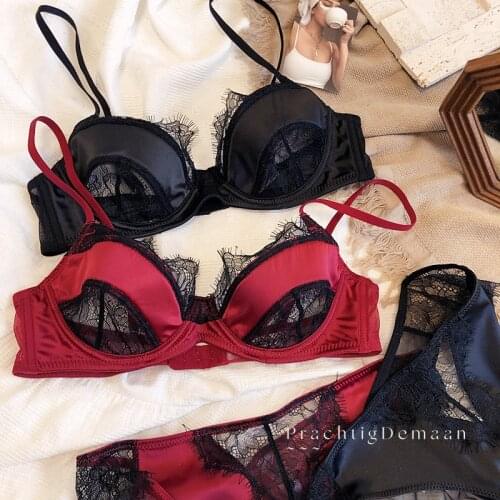 French Sexy Lace Satin Splicing Hollow Out Thin Underwear Suit Women Push Up Translucent Bra And T-Back Panties Sets Red Black