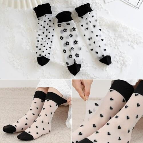 Summer black white love flower tube girls breathable mosquito socks baby over-the-knee ultra-thin stockings лосины для девочек