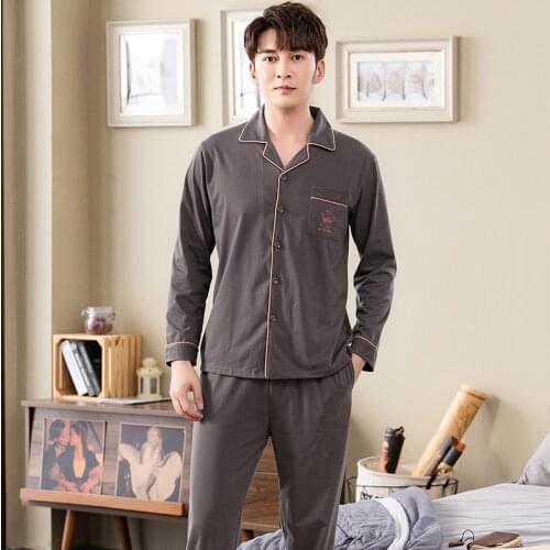 Men Pajama Set Full Cotton Autumn Long Sleeve Solid Color Men Pyjama Suit Spring Nightwear Collar Pijama Male Sleepwear XXXXL