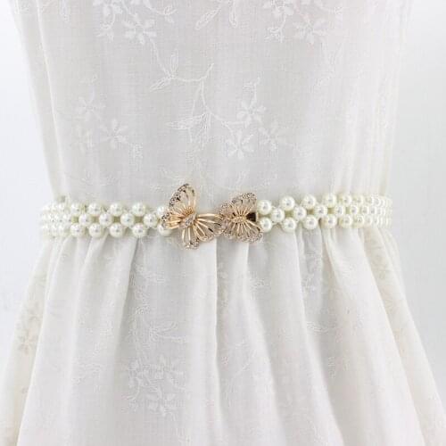 New Luxury Ladies Rhinestone Crystal White Simulated Pearl Belt Female Womens Elastic Buckle Belts for Women Dress
