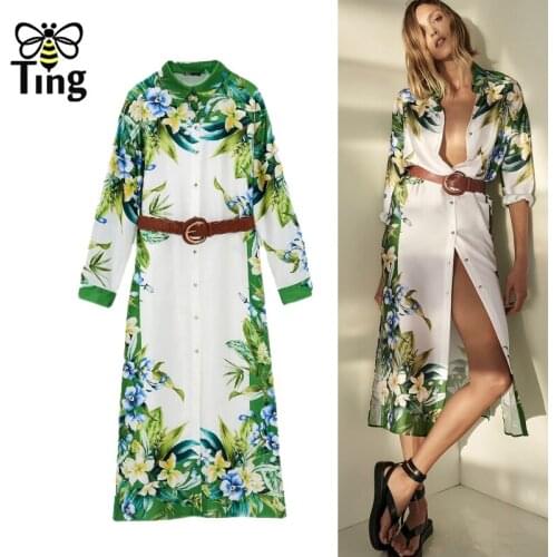 Tingfly Vintage Elegant Flower Leaf Tropical Printing Single Breasted Shirt Dress Summer Spring Casual Sexy Street Dress Zaful Z