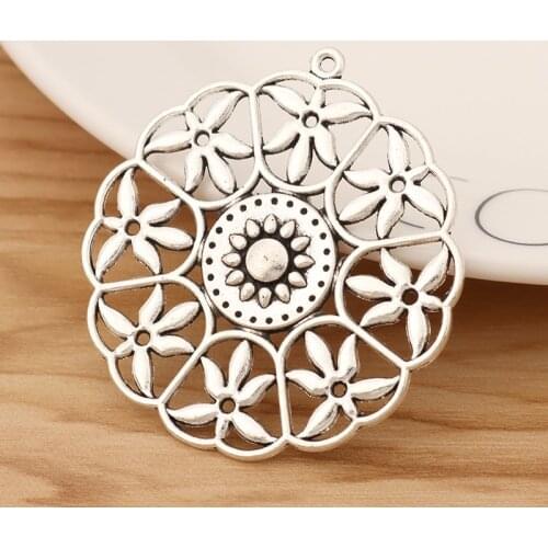 6 Pieces Tibetan Silver Tone Large Flower Round Charms Pendants for Jewellery Making Accessories