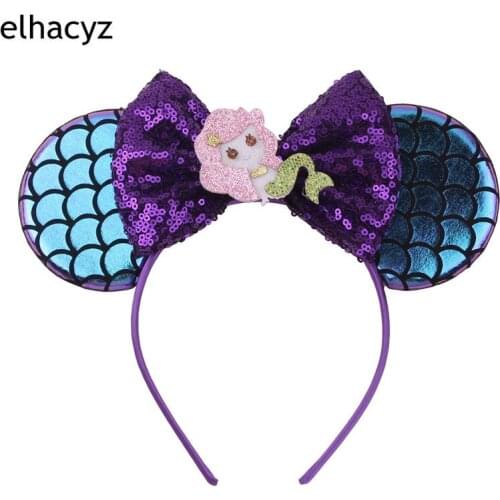 1PC New Mermaid Mouse Ears Headbands Hairband Sequins Bow Princes Headwear Girls DIY Hair Accessories For Kids Trendy Headwear