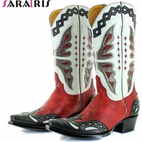 SaraIris On Sale Female Cowgirl Cowboy Western Boots Chunky Slip On Platform Hot Sale Casual Women Mid Calf Winter Women Shoes