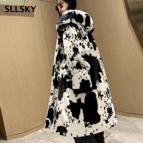 SLLSKY Hooded Faux Fur Coat Women Winter Cows Long Jacket Female Imitation Fur Coat Loose Thick Warm Horn Button Lady Outwear
