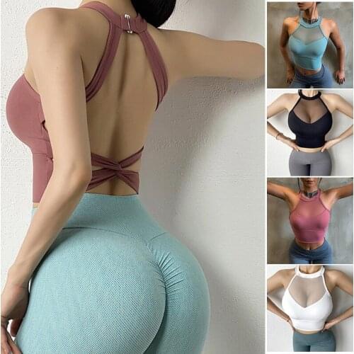 N Mesh Insert Criss Cross Back Sports Bra Gathering Yoga Bra Vest Comfortable Underwear Beauty Back Sports Bra For Women