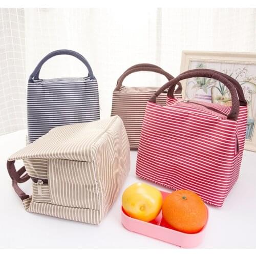 Outdoor Stripe Picnic Bag Lunch Insulated Cooler Box Tote Canvas Thermal Food Beach Bag Zipper For Camping Hiking Women Kids Men