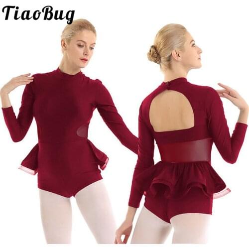TiaoBug Adult Mock Neck Long Sleeves Ruffled Dancewear Bodysuit Women Ballet Gymnastics Leotard Dress Performance Dance Costume