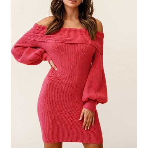 Knitted Dress 2021 Autumn Off Shoulder Sexy Clothes Causal Women Solid Color Slim Knee-length Party Night Club Dress Mini Dress